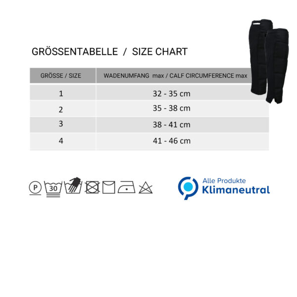 Größentabelle und kleines Foto der Wadenkühler von E.COOLINE