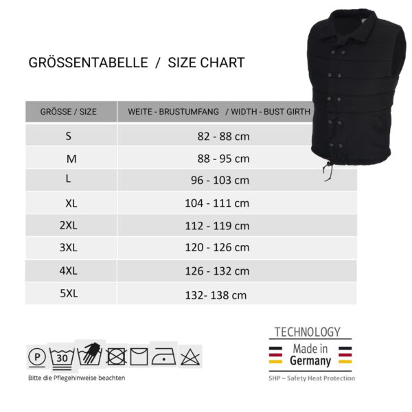 Größentabelle und kleines Foto der Kühlweste von E.COOLINE