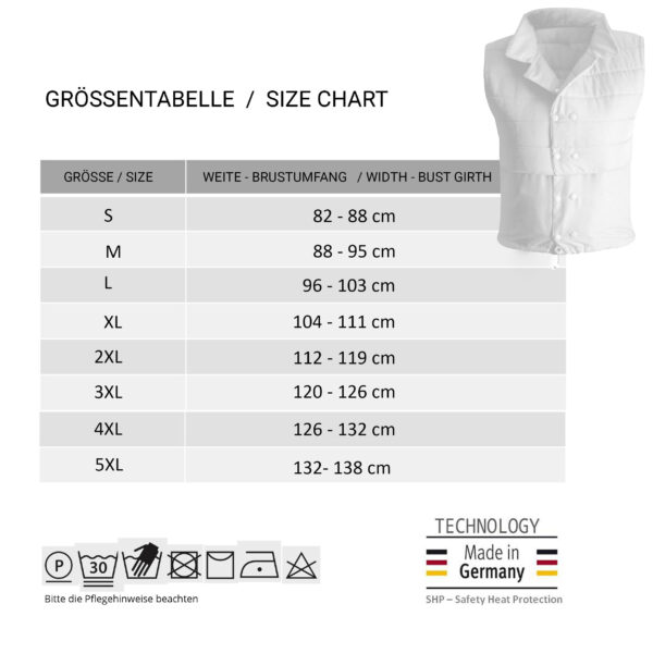 Größentabelle und kleines Bild der Kühlweste PowerVital von E.COOLINE