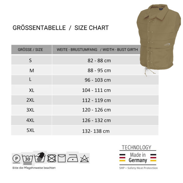 Größentabelle und kleines Bild der Kühlweste PowerVital von E.COOLINE