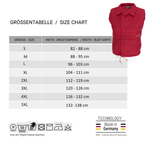 Größentabelle und kleines Foto der Kühlweste von E.COOLINE