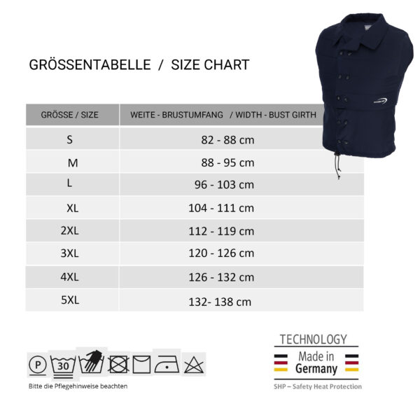 Größentabelle und kleines Foto der Kühlweste von E.COOLINE