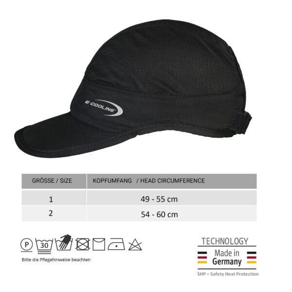 Größentabelle und Foto kühlendes Basecap light von E.COOLINE