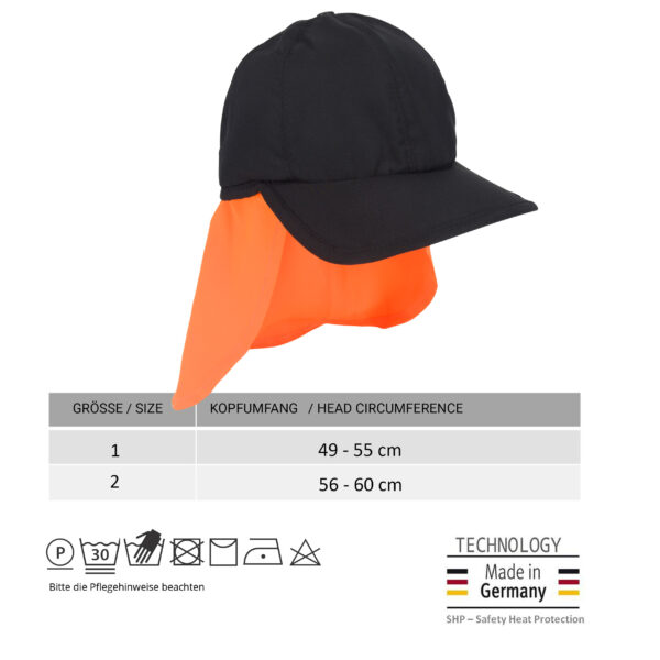 Größentabelle und Foto des kühlenden Basecap mit Nackenschutz von E.COOLINE