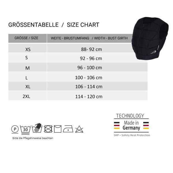 Größentabelle und kleines Foto der Kühlweste von E.COOLINE