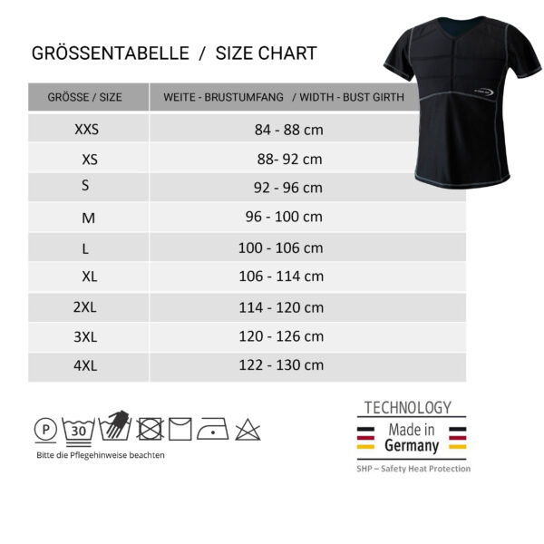 Grüßentabelle und kleines Foto des kühlendne T-Shirts SX3 von E.COOLINE