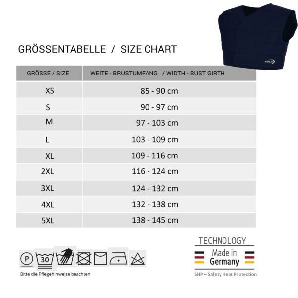 Größentabelle und kleines Foto der Kühlweste von E.COOLINE
