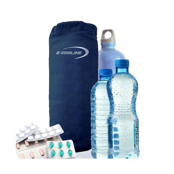 Kühltasche von E.Cooline und mehrere Getränkeflaschen sowie Tabletten