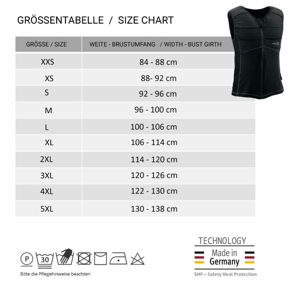 Size chart and small photo of the cooling shirt from E.COOLINE