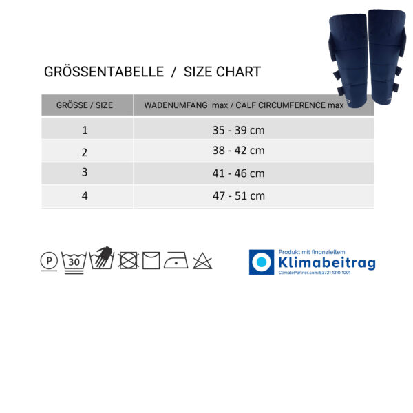Tabella con taglie dei manicotti per polpacci E.COOLINE con chiusura in velcro, di colore blu - raffreddamento per polpacci