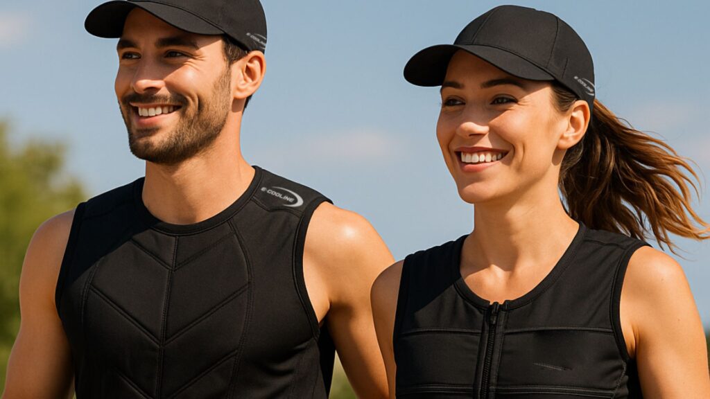 Sport bei Hitze - Ein junger Mann und eine junge Frau beim Joggen mit E.COOLINE Kühlweste und kühlenden Basecaps von E.COOLINE